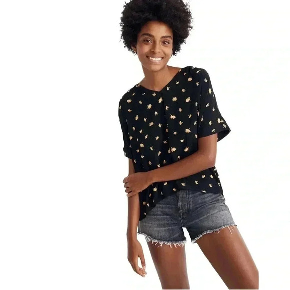 NWT Madewell Drapey V-Neck Button-Back Top in French Daisies – True Black in XXS - Picture 1 of 8